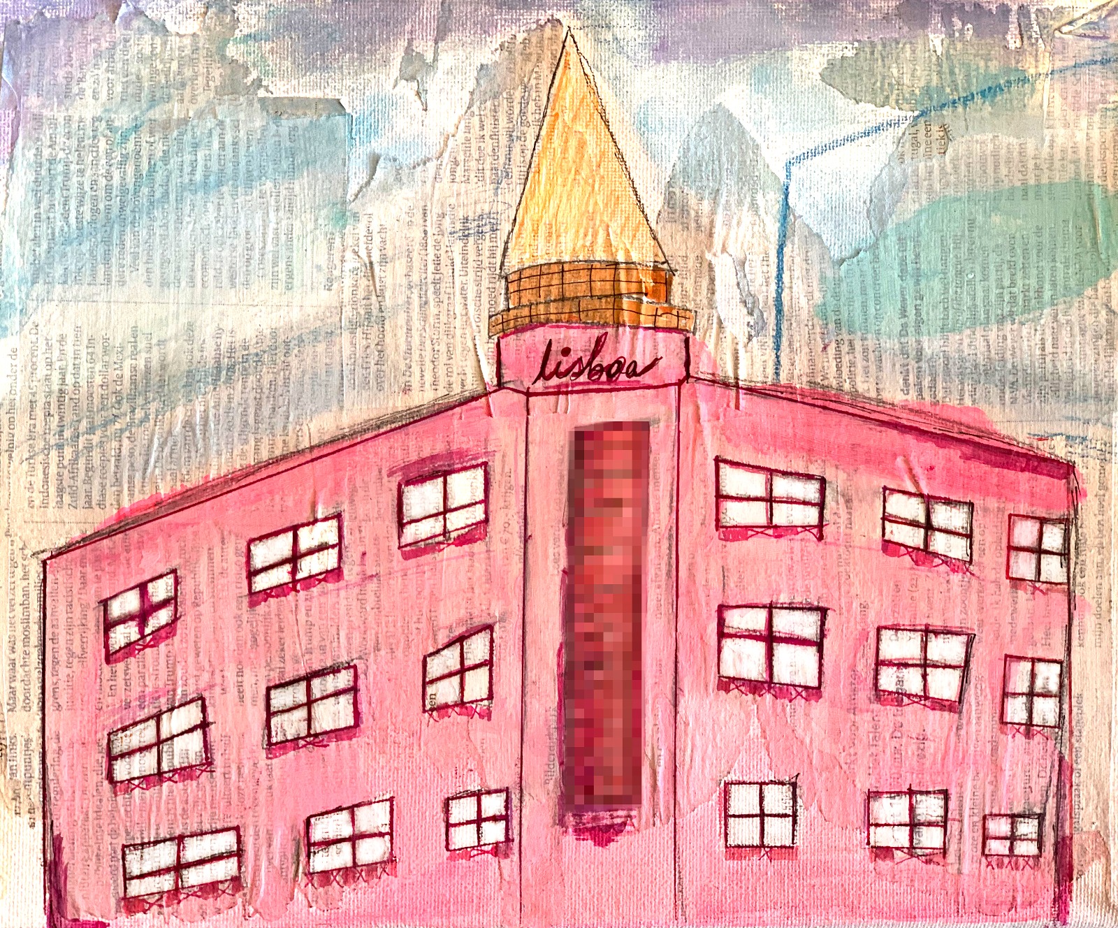 Ilustração de um edifício rosa em Lisboa